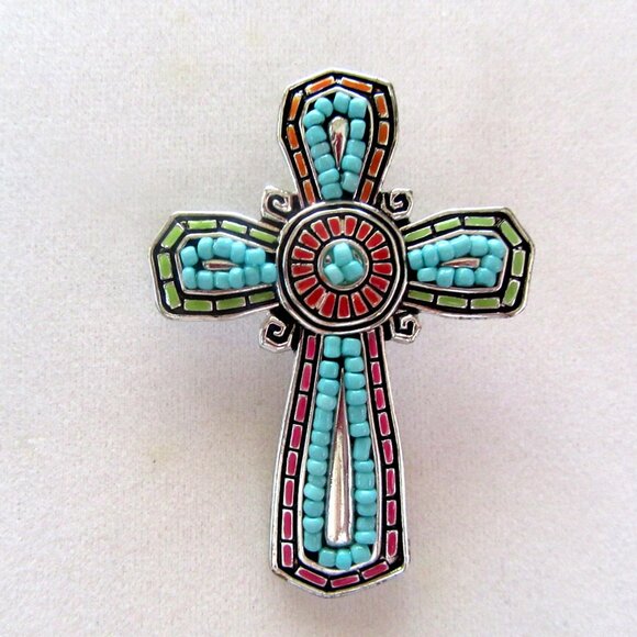 Large turquoise bead and red enameled cross pendant in  silver tone setting - Picture 5 of 7